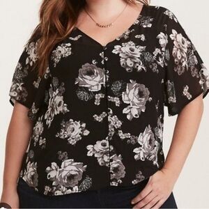 Torrid rose floral chiffon sheer black white button down 3x